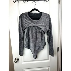 Haute Monde Silver Metallic Lurex Layered Long Sleeve Bodysuit  L